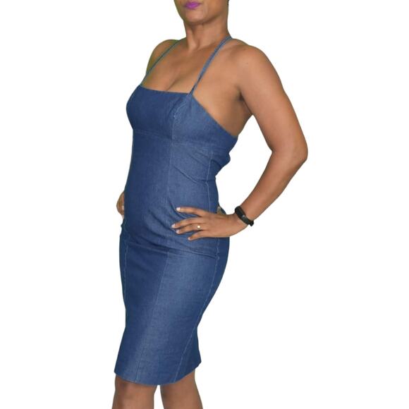 Vintage Guess Denim Dress Blue Jean Bodycon Pencil Halter Back Ties Size Small - Picture 6 of 15